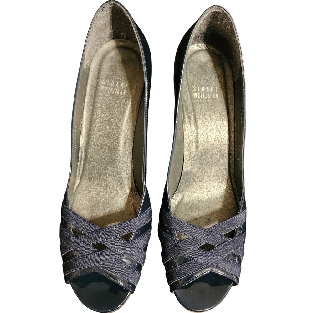 Stuart Weitzman Navy Patent Leather Peep Toe Pumps Grosgrain Heels Size 9.5 M - Picture 2 of 6